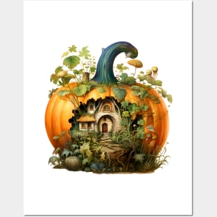 Cozy Pumpkin Home with Miniature Forest Autumn Watercolor Art Posters and Art